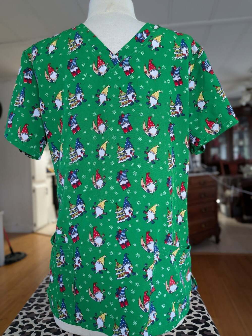 Scrubaid Green Christmas Gnomes and Snowflakes V-Neck Scrub Top